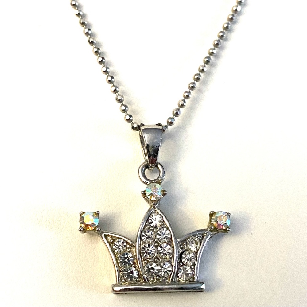 Silvertone Princess Fairy Rhinestone AB Crown Pendant Sparkly Layering Necklace